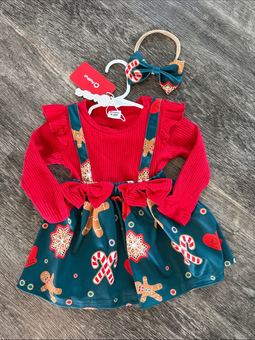 Holiday Gingerbread Suspender Dress with headband